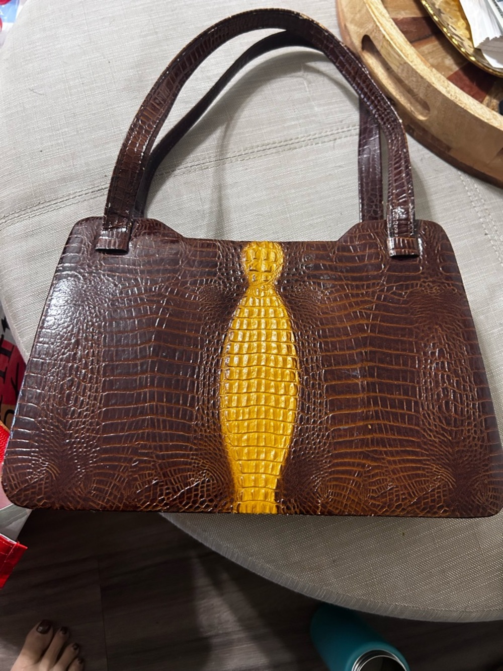 Vintage Bag HK Brown Croc-Embossed Handbag with Yellow Accent